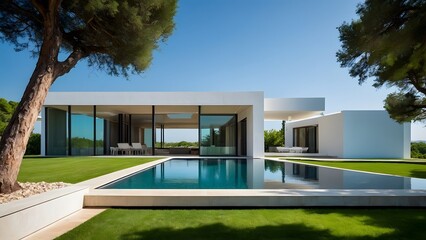 A beautiful white villa  with a large lawn and swimming pool