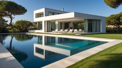 Fototapeta premium A beautiful white villa with a large lawn and swimming pool