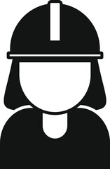 Simple, bold icon of a female construction worker wearing a hard hat for safety
