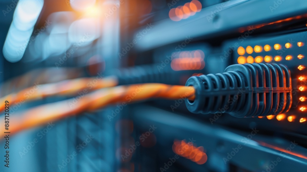 Poster sharp close-up of orange network cables plugged into a server, highlighted by bright led lights, enc