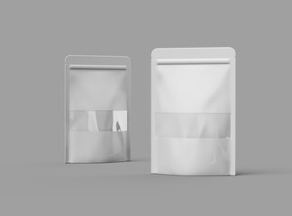 3D render of a glossy generic, doypack with the window hole on a light background