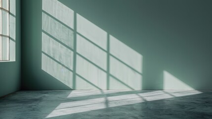 Obraz premium Sunlight streaming through a window casts a grid-like shadow on the floor of an empty, serene room, symbolizing tranquility, simplicity, and the beauty of natural light.
