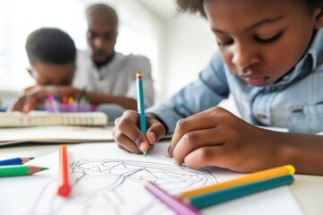 A father and his young son enjoy a bonding moment drawing together.