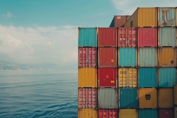 Fototapeta premium A colorful stack of shipping containers sits by the sea.