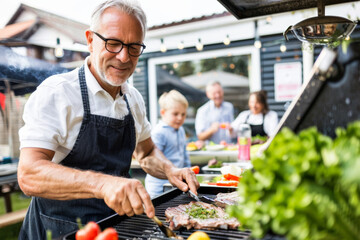 Senior Man Grilling at a Family BBQ Gathering
