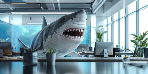 A shark is depicted working in an office environment, surrounded by desks and computers, creating a surreal scene.