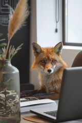 A fox sits attentively at a desk in a bright modern office with a laptop and vase, focusing on work tasks.