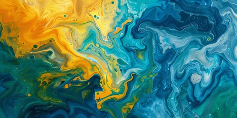 Vivid abstract artwork featuring colliding shades of blue, yellow, and green, ideal for vibrant backgrounds