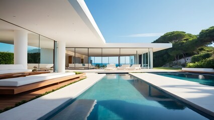 Fototapeta premium A beautiful white villa with a large lawn and swimming pool