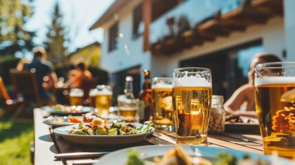 A table full of food and drinks at a backyard barbecue party on a sunny day