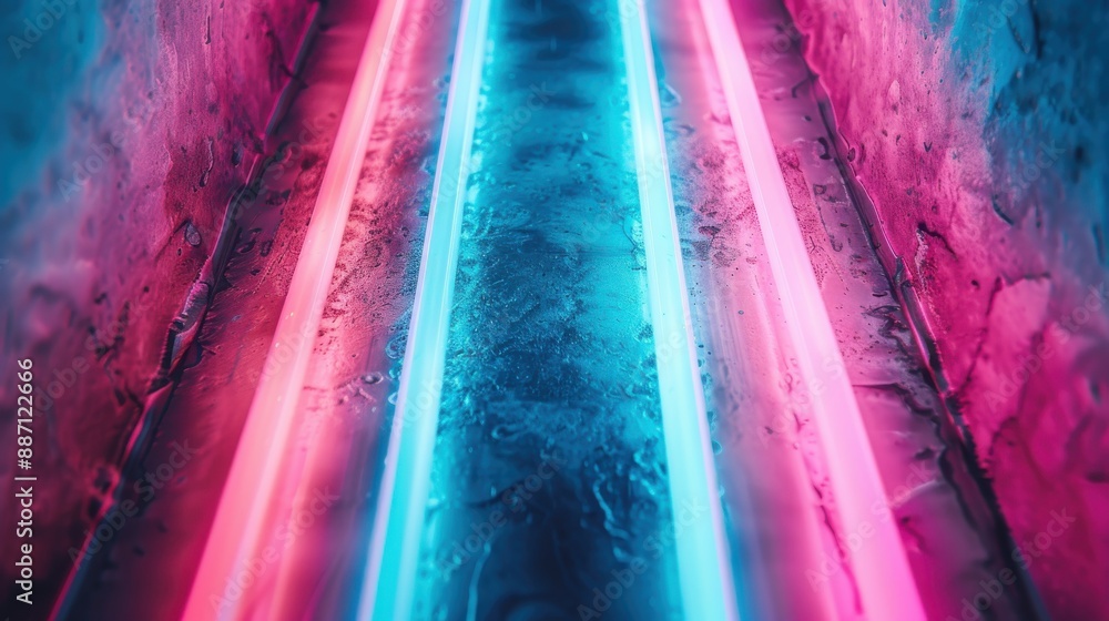 Poster a perspective view showing vivid pink and turquoise neon lights creating an abstract visual pattern 