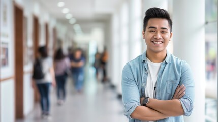 Obraz premium Confident Filipino Male Student Standing in Academic Hallway, Perfect for Education and Studythemed Designs