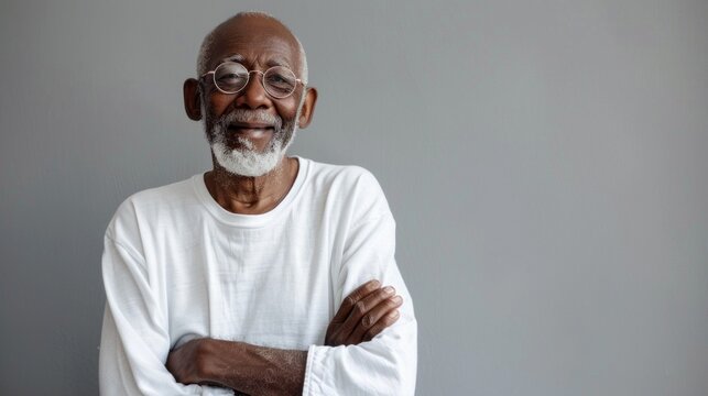 A senior African American man with a white beard and glasses stands with his arms crossed and a relaxed smile. He wears a white shirt and stands against a simple grey background