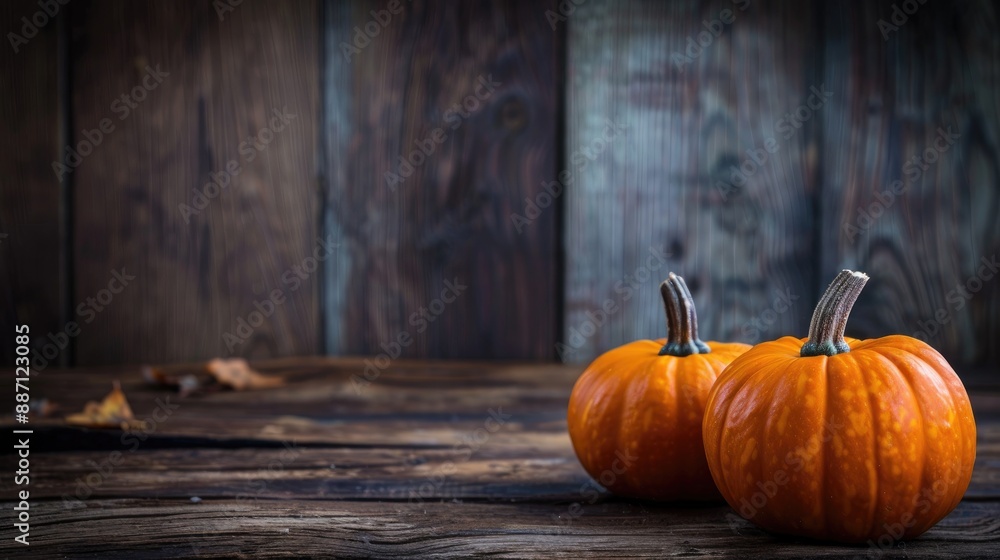 Canvas Prints Pumpkins on a dark wood backdrop Fall Halloween theme with text space