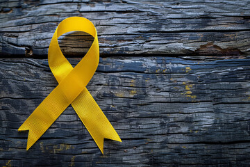Yellow ribbon symbol of cancer and suicide problem on wooden background with space for text or inscriptions, top view
