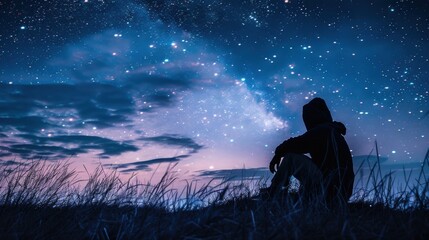 Fototapeta premium Silhouette of Person Stargazing: Contemplation of the Universe and Existence