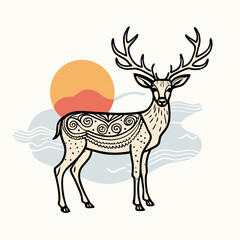 Vintage Sunset Graphics with Abstract Deer Illustration Cartoon Concept