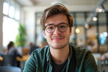 Obraz premium Smiling Young Man with Glasses in Modern Office Setting