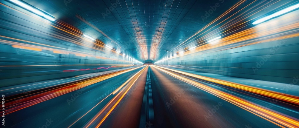 Poster light trails in a modern tunnel. generative ai.