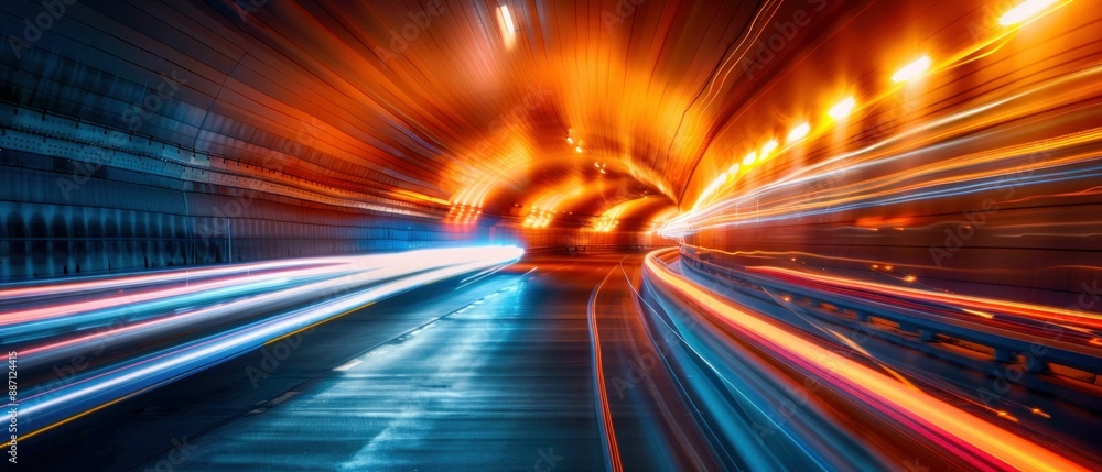 Poster light trails in a modern tunnel. generative ai.