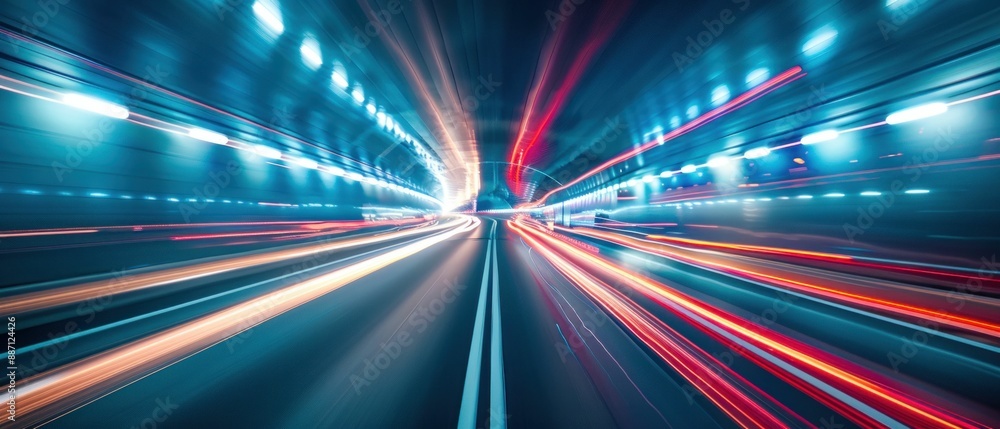 Poster light trails in a modern tunnel. generative ai.