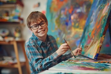 Joyful Young Man with Down Syndrome Creating Art in a Studio