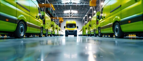 Fleet of Delivery Vans in a Modern Warehouse. Generative ai.