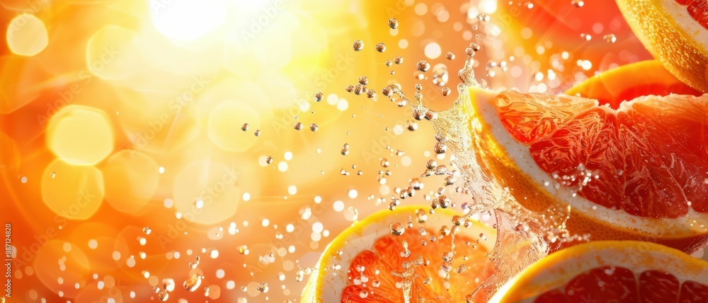 Poster grapefruit slices splashing in water on red background. generative ai.