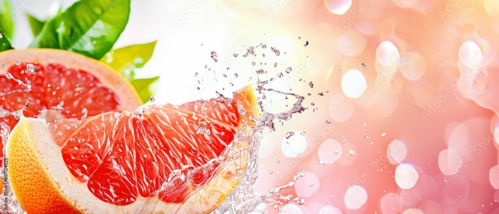 Poster grapefruit slices splashing in water on red background. generative ai.