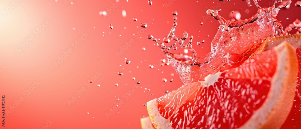 Poster grapefruit slices splashing in water on red background. generative ai.
