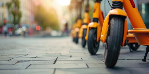 Fototapeta premium Row of Orange Electric Scooters in Urban Setting. Generative ai.