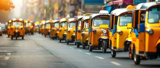 Colorful Auto Rickshaws Lined Up on City Street. Generative ai.