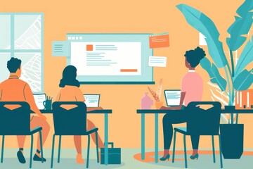 Modern virtual classroom with teacher and students engaged in an online lesson, featuring digital technology