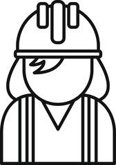 Simple, bold line drawing of a female construction worker wearing a protective hard hat