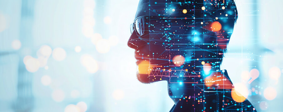 Abstract double exposure image of a person using technology with a digital interface overlay, symbolizing innovation and futuristic concepts.