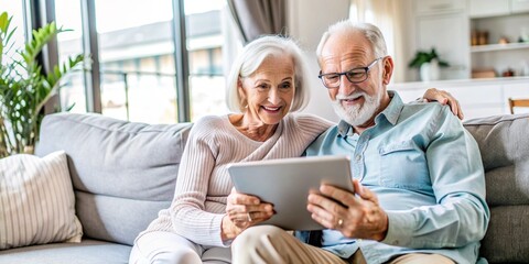 Fototapeta premium A heartwarming scene captures the essence of modern aging, as an elderly couple shares a moment of joy while exploring the digital world together on a tablet.