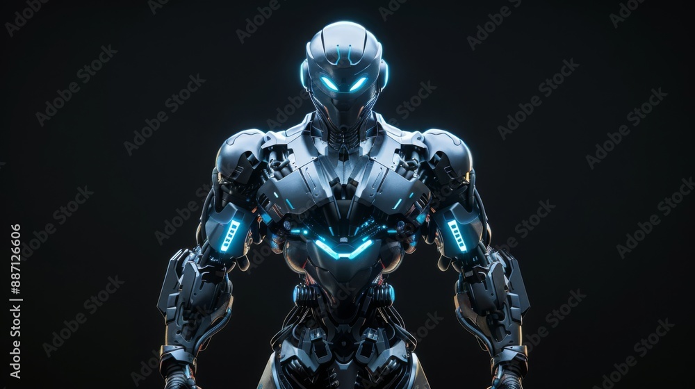 Poster A futuristic robot stands in a dark studio, its blue glowing lights illuminating its metallic body. The robot appears to be ready for action, its arms raised in a confident pose.