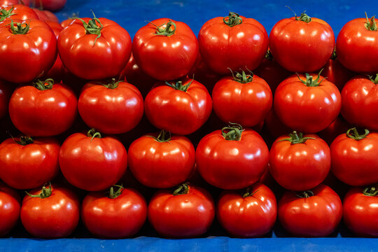 Fresh, organic, red tomatoes background. Top view of sliced tometo and many tomatoes.