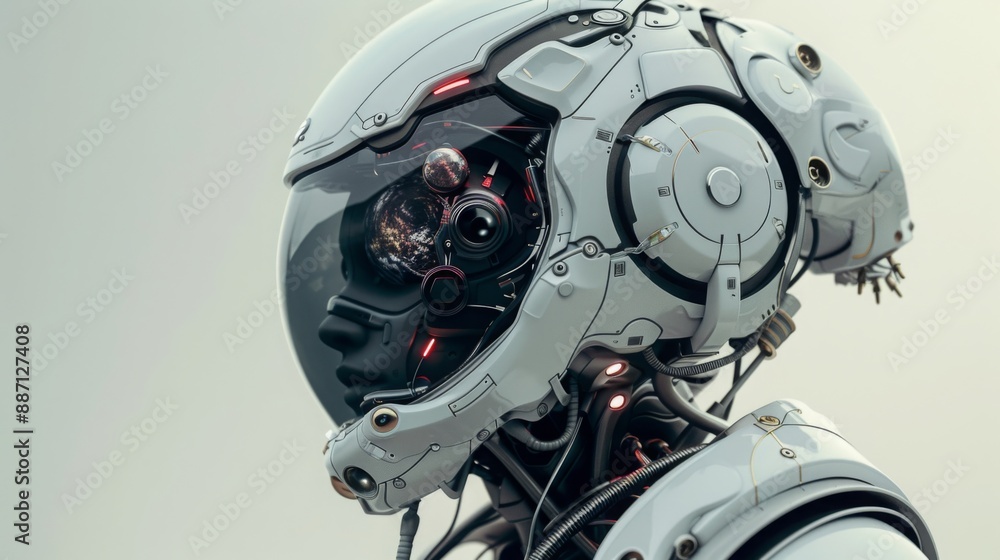 Aufkleber a close-up of a futuristic robot's helmet, showcasing intricate details and advanced technology. the