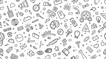Fototapeta premium Black-and-White Doodle Pattern with Various Objects and Icons