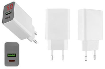 power adapter for phone, white color, on white background in insulation
