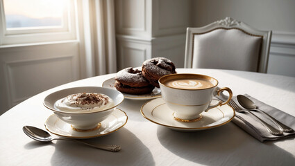 Obraz premium Sophisticated and Refined Afternoon Tea With Freshly Brewed Coffee and Delectable Pastries Served in a Sunlit Room