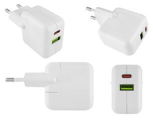 power adapter for phone, white color, on white background in insulation