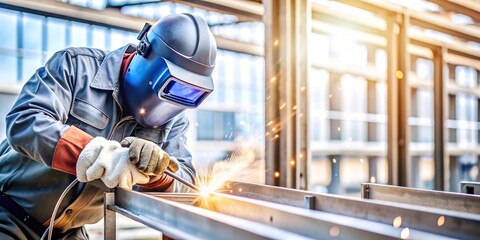 A skilled welder wearing protective gear is carefully welding metal in an industrial workshop setting, with sparks flying from the welding process.