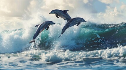 Obraz premium Dolphins having fun while jumping over surf.