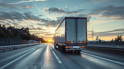 a truck driving down the highway carrying merchandise. A loaded truck is driving on the highway carrying goods