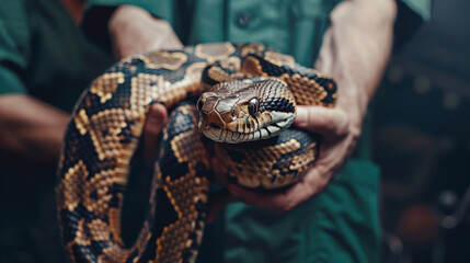 Veterinarian holding a large snake
