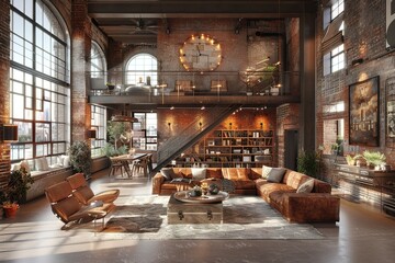 Contemporary Loft Living with an open-plan layout, exposed brick walls, industrial lighting, and sleek, modern furnishings. Loft-inspired home decor. 