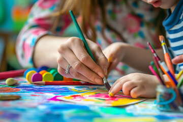 Naklejka premium Child drawing and painting at the table in a creative setting