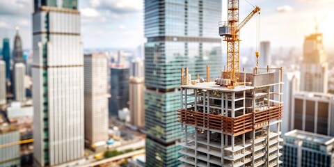 Urban Expansion: High-Rise Construction in Modern Cityscape. Captures the dynamic growth of a city with high-rise buildings under construction amidst a bustling urban skyline.